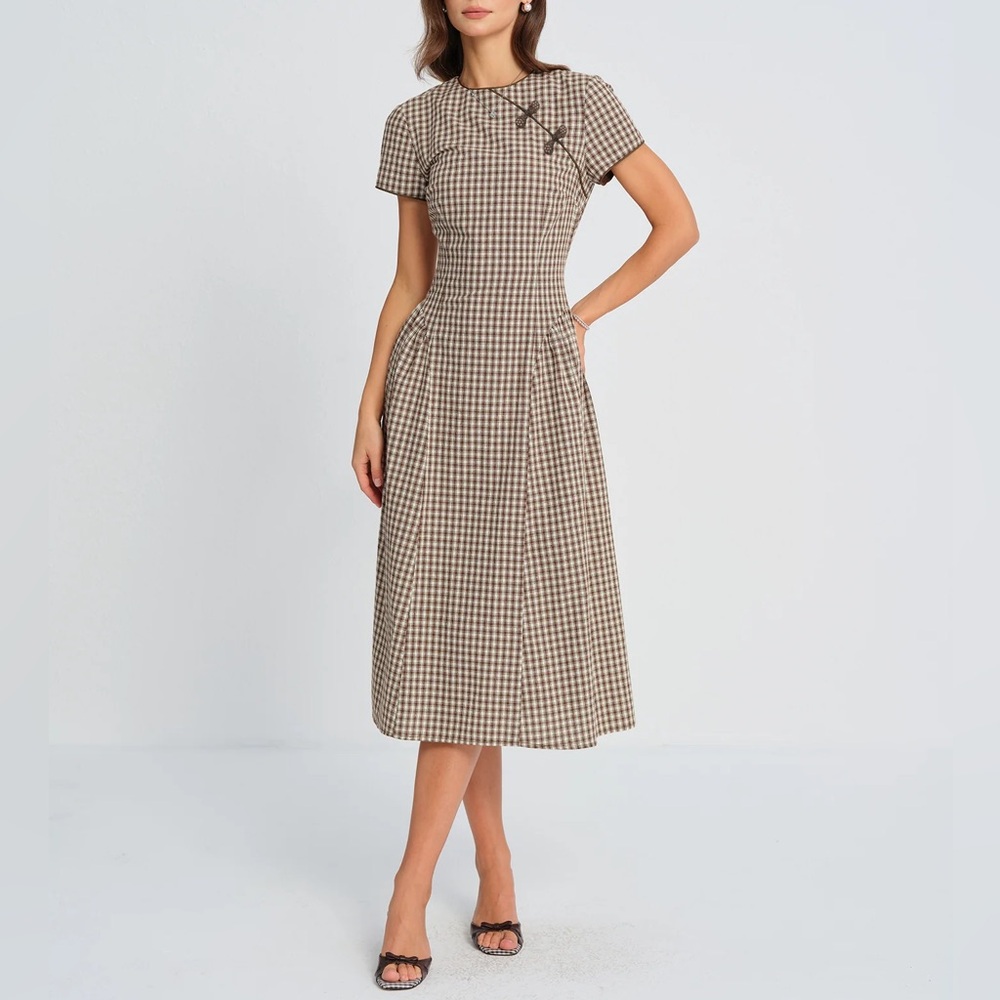 RIHOAS Brown and Cream Gingham Midi Dress - Picture 2 of 7